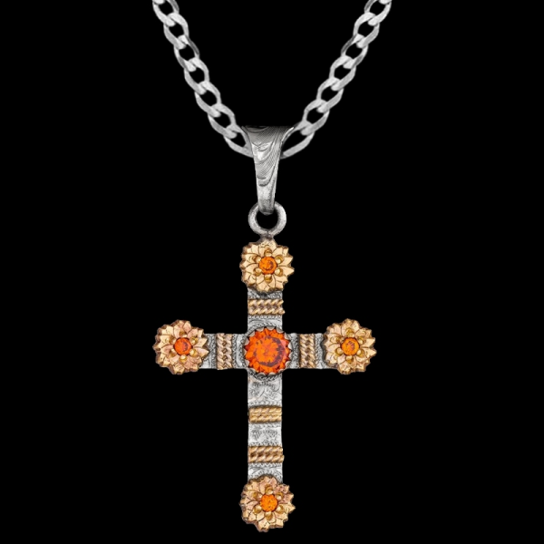 The Romans Cross Pendant Necklace features 5 customizable zirconia stones in golden flowers on a gorgeus hand engraved german silver base. Pair it with a special discount sterling silver chain today!